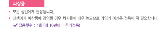 
							  파상풍
							  모든 성인에게 권장됩니다.
							  신생아가 파상풍에 감염될 경우 치사률이 매우 높으므로 가임기 여성은 접종이 꼭 필요합니다.
							  접종횟수 : 1회 (매 10년마다 추가접종)
							  