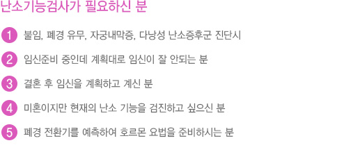 
							  난소기능검사가 필요하신 분
							  1. 불임, 폐경 유무, 자궁내막증, 다낭성 난소증후군 진단시
							  2. 임신준비 중인데 계획대로 임신이 잘 안되는 분
							  3. 결혼 후 임신을 계획하고 계신 분
							  4. 미혼이지만 현재의 난소 기능을 검진하고 싶으신 분
							  5. 폐경 전환기를 예측하여 호르몬 요법을 준비하시는 분
							  