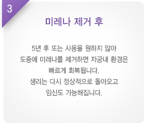 
							  3. 미레나 제거 후
							  5년 후 또는 사용을 원하지 않아
							  도중에 미레나를 제거하면 자궁내 환경은
							  빠르게 회복됩니다.
							  생리는 다시 정상적으로 돌아오고
							  임신도 가능해집니다.