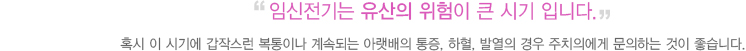 
							   임신전기는 유산의 위험이 큰 시기 입니다.
							   혹시 이 시기에 갑작스런 복통이나 계속되는 아랫배의 통증, 하혈, 발열의 경우 주치의에게 문의하는 것이 좋습니다.