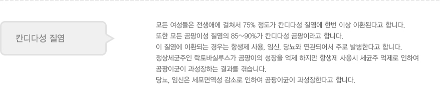 칸디다성 질염
							  모든 여성들은 전생애에 걸쳐서 75% 정도가 칸디다성 질염에 한번 이상 이환된다고 합니다.
							  또한 모든 곰팡이성 질염의 85~90%가 칸디다성 곰팡이라고 합니다.
							  이 질염에 이환되는 경우는 항생제 사용, 임신, 당뇨와 연관되어서 주로 발병한다고 합니다.
							  정상세균주인 락토바실루스가 곰팡이의 성장을 억제 하지만 항생제 사용시 세균주 억제로 인하여
							  곰팡이균이 과성장하는 결과를 겪습니다.
							  당뇨, 임신은 세포면역성 감소로 인하여 곰팡이균이 과성장한다고 합니다.