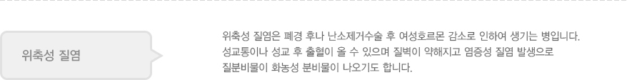 위축성 질염
							  위축성 질염은 폐경 후나 난소제거수술 후 여성호르몬 감소로 인하여 생기는 병입니다.
							  성교통이나 성교 후 출혈이 올 수 있으며 질벽이 약해지고 염증성 질염 발생으로
							  질분비물이 화농성 분비물이 나오기도 합니다.