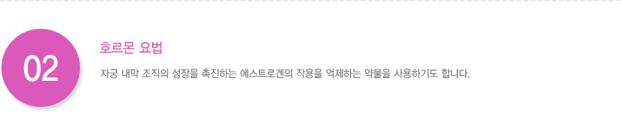 2.호르몬 요법 자궁 내막 조직의 성장을 촉진하는 에스트로겐의 작용을 억제하는 약물을 사용하기도 합니다.