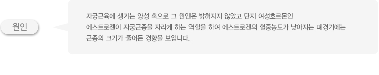 원인: 자궁근육에 생기는 양성 혹으로 그 원인은 밝혀지지 않았고 단지 여성호르몬인 에스트로젠이 자궁근종을 자라게 하는 역할을 하여 에스트로겐의 혈중농도가 낮아지는 폐경기에는 근종의 크기가 줄어든 경향을 보입니다.