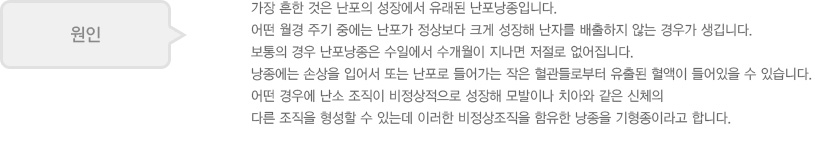 원인: 
							  가장 흔한 것은 난포의 성장에서 유래된 난포낭종입니다.
							  어떤 월경 주기 중에는 난포가 정상보다 크게 성장해 난자를 배출하지 않는 경우가 생깁니다.
							  보통의 경우 난포낭종은 수일에서 수개월이 지나면 저절로 없어집니다.
							  낭종에는 손상을 입어서 또는 난포로 들어가는 작은 혈관들로부터 유출된 혈액이 들어있을 수 있습니다.
							  어떤 경우에 난소 조직이 비정상적으로 성장해 모발이나 치아와 같은 신체의
							  다른 조직을 형성할 수 있는데 이러한 비정상조직을 함유한 낭종을 기형종이라고 합니다.