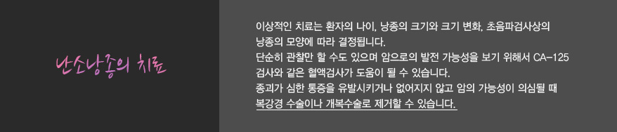 난소낭종의 치료:
							이상적인 치료는 환자의 나이, 낭종의 크기와 크기 변화, 초음파검사상의
							낭종의 모양에 따라 결정됩니다.
							단순히 관찰만 할 수도 있으며 암으로의 발전 가능성을 보기 위해서 CA-125
							검사와 같은 혈액검사가 도움이 될 수 있습니다.
							종괴가 심한 통증을 유발시키거나 없어지지 않고 암의 가능성이 의심될 때
							복강경 수술이나 개복수술로 제거할 수 있습니다.